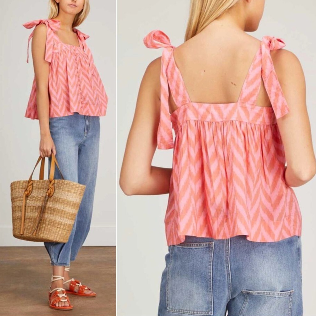 Ulla Johnson Iris Tank Size 0 Tie Shoulder Bougainvillea Chevron Poplin New $245